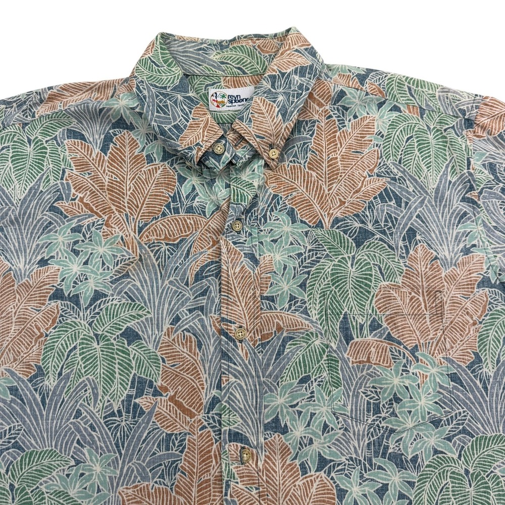 Reyn Spooner Shirt Mens XL Blue Short Sleeve Button Up Floral Cotton Polyester